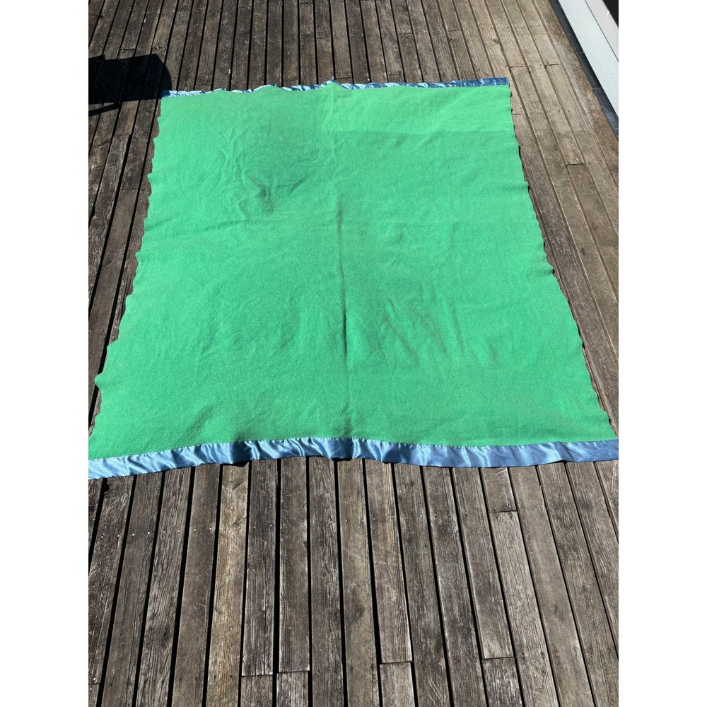 Vintage 100% wool blanket 70x86" green - blue satin trim blanket cozy soft throw